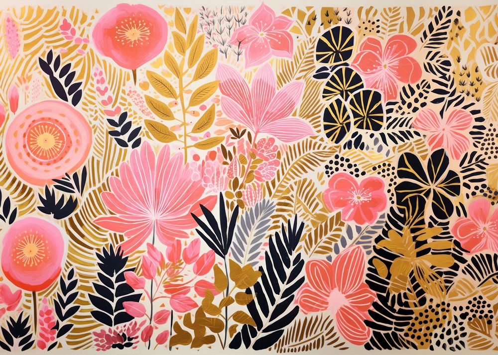 Gold silver pink tropical plants pattern drawing nature. AI generated Image by rawpixel.