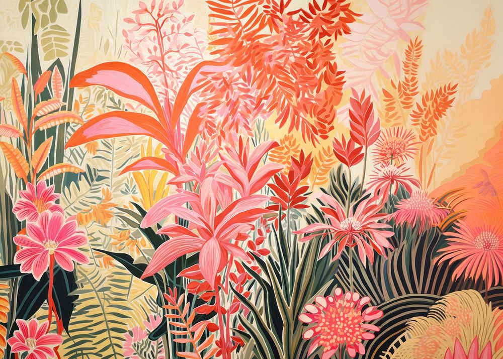 Gold silver pink tropical plants painting pattern drawing. AI generated Image by rawpixel.