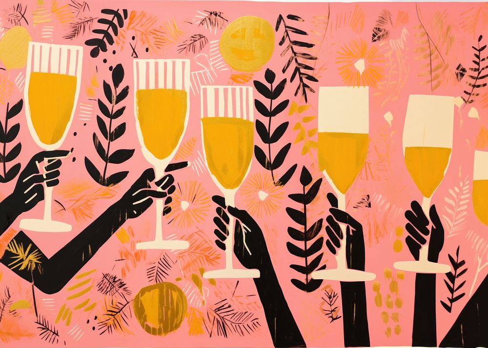 Gold pink silver hands cheers champagne glasses painting drawing art. AI generated Image by rawpixel.