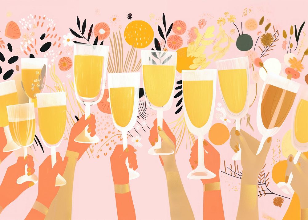 Gold pink silver hands holding many champagne glasses happiness party fun. AI generated Image by rawpixel.