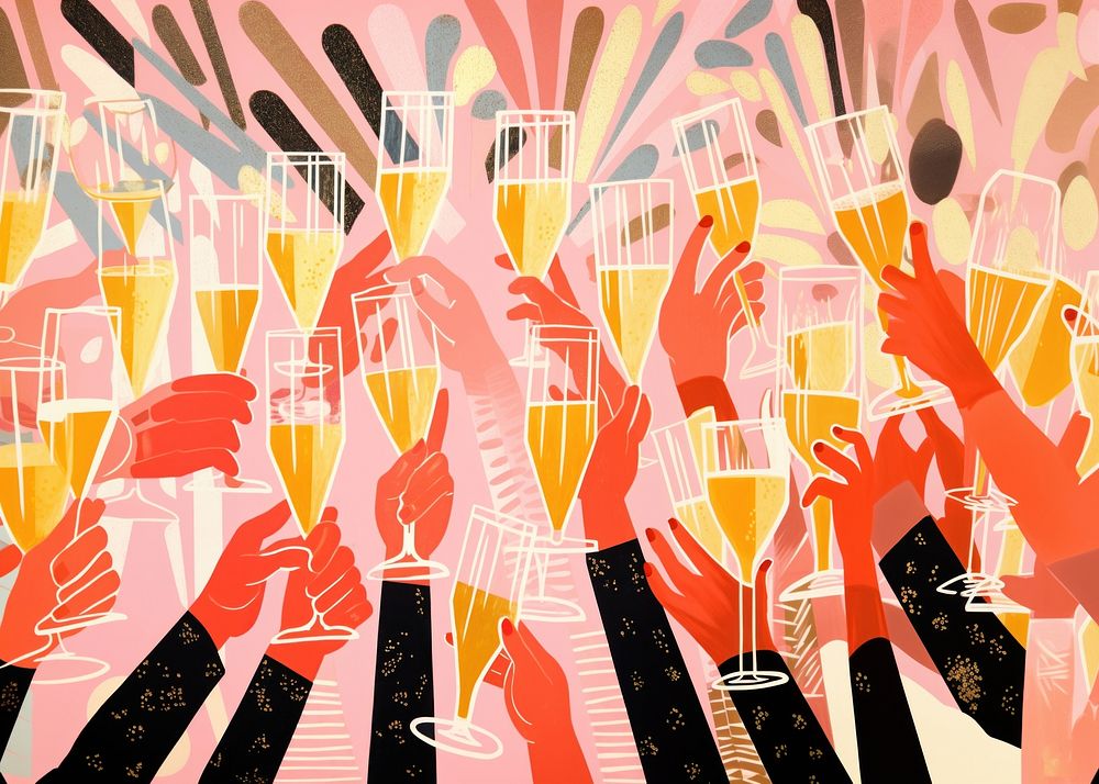 Gold pink silver hands holding many champagne glasses party celebration backgrounds. AI generated Image by rawpixel.