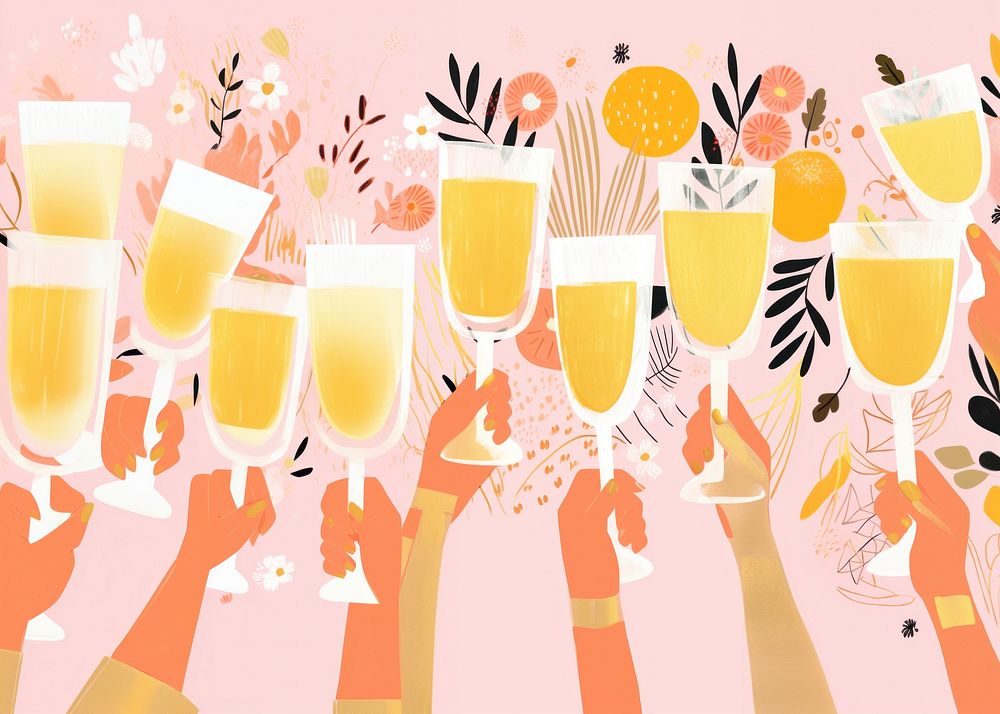 Gold pink silver hands holding many champagne glasses happiness drink celebration. AI generated Image by rawpixel.