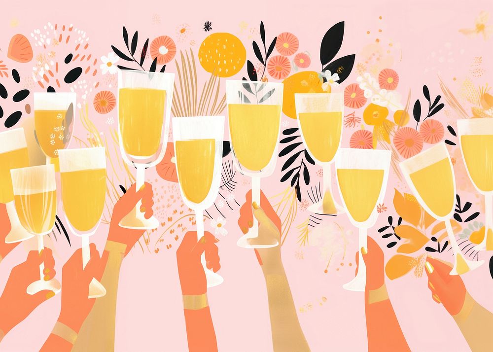 Gold pink silver hands holding many champagne glasses happiness celebration refreshment. AI generated Image by rawpixel.