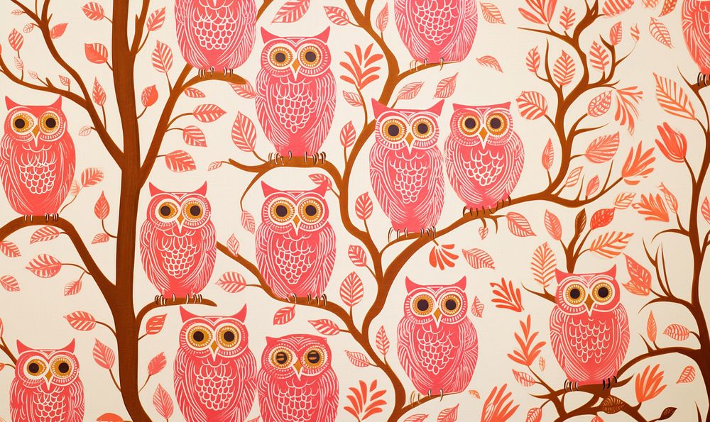 Gold pink silver owls pattern nature bird art. AI generated Image by rawpixel.