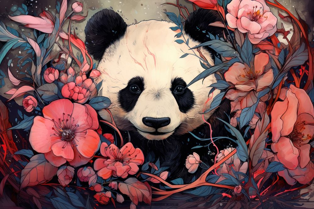 Panda flower painting pattern. AI generated Image by rawpixel.