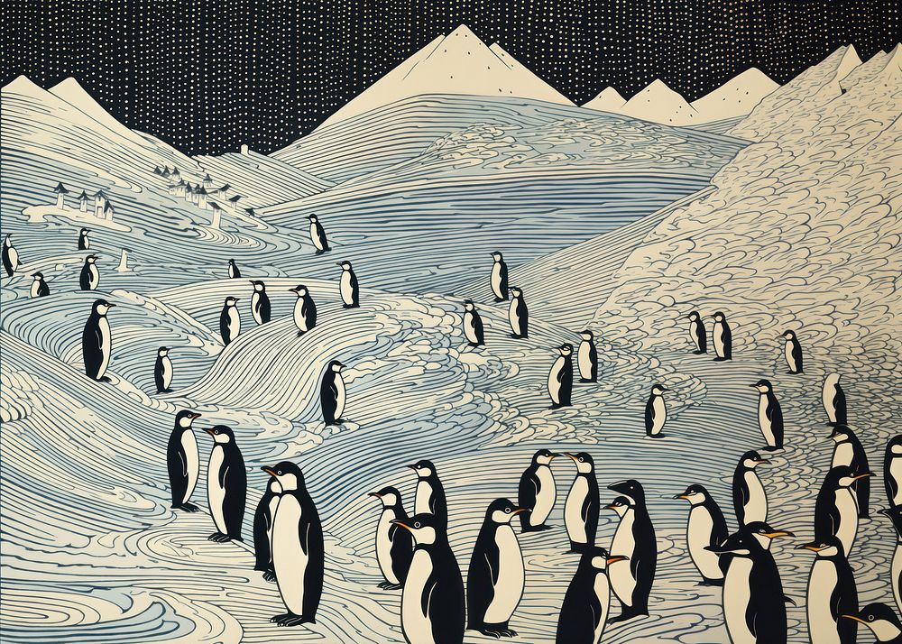 Penguins skiing drawing nature bird. 