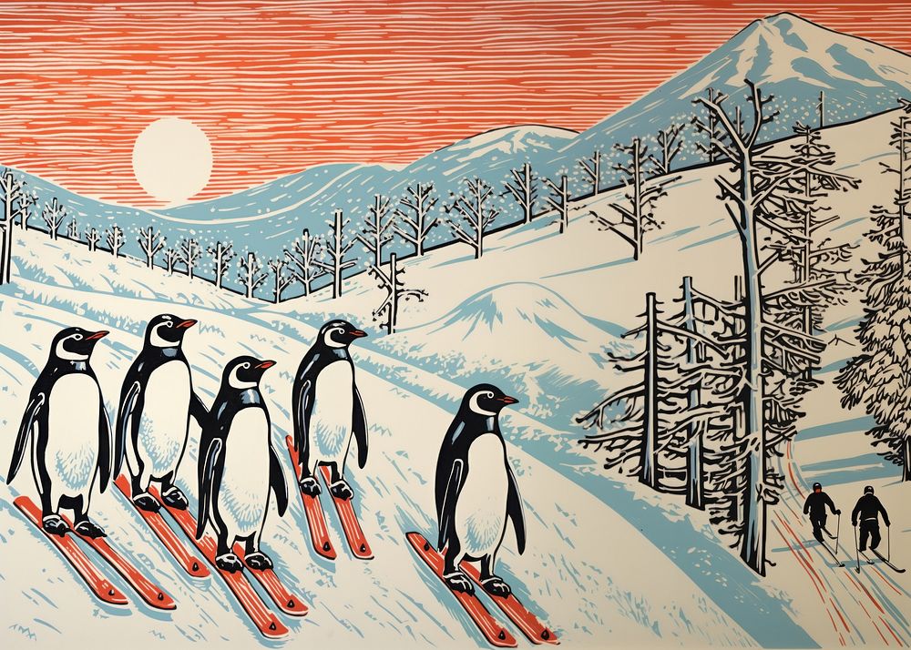 Penguins skiing nature outdoors drawing. AI generated Image by rawpixel.