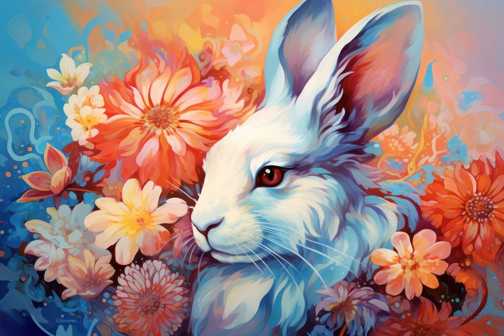 Rainbow rabbit flower painting pattern. AI generated Image by rawpixel.