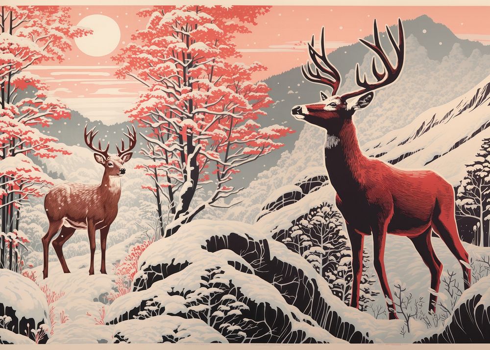 Winter deer drawing nature animal. AI generated Image by rawpixel.