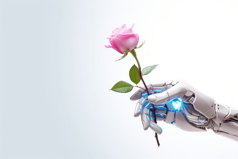 Robot hand hold flower petal plant rose. AI generated Image by rawpixel.