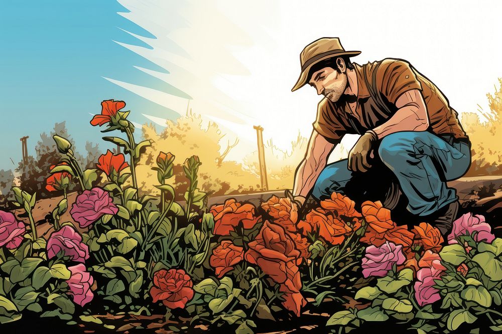 Flower gardening outdoors nature comics. AI generated Image by rawpixel.