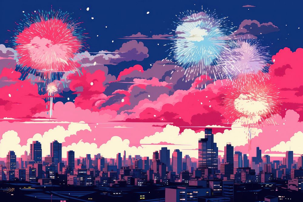 Firework party Celebration fireworks city architecture. AI generated Image by rawpixel.