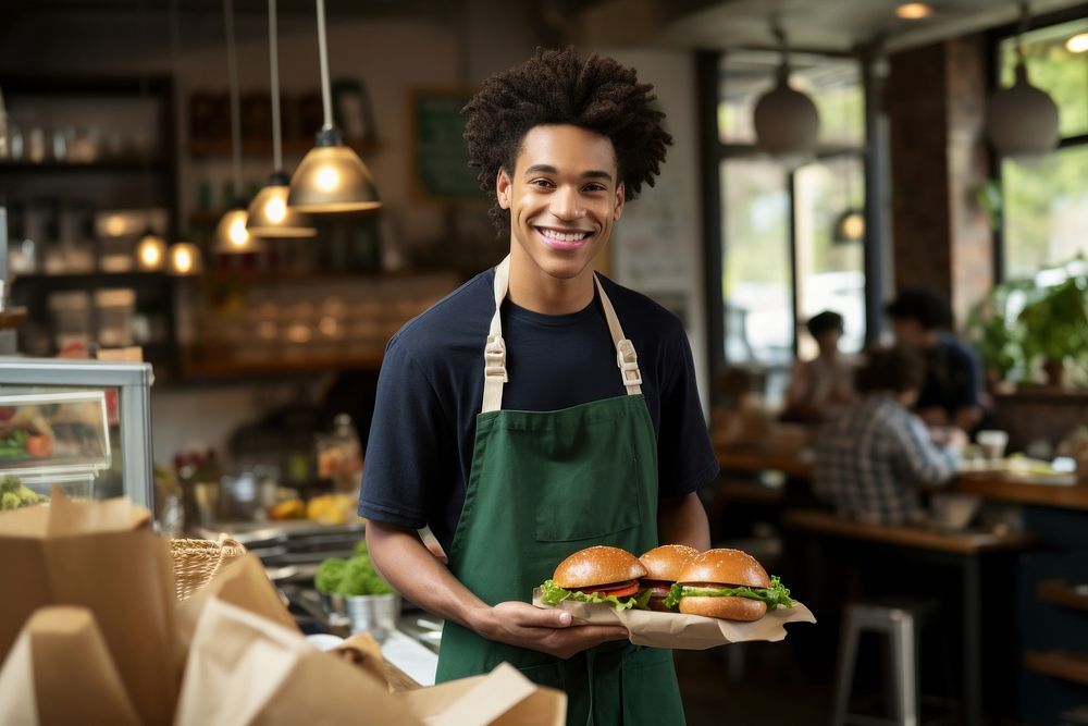 A multiracial teen man wearing green linen apron sandwich holding food. AI generated Image by rawpixel.