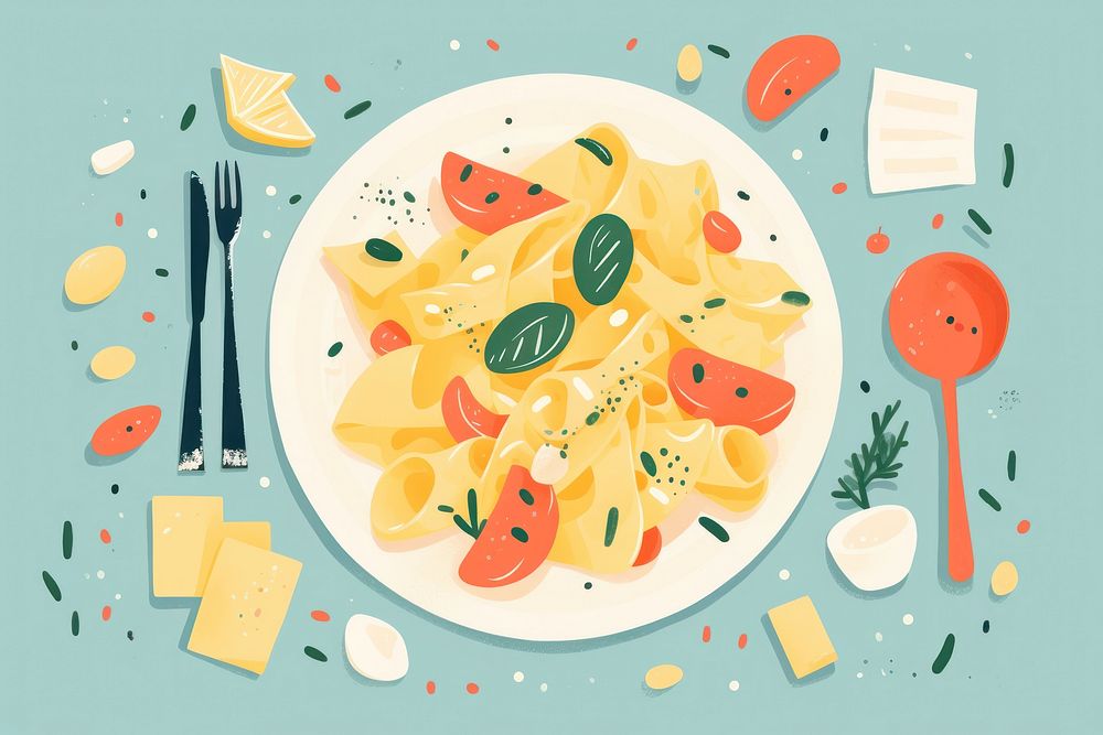 Risograph colorful print of pasta dish plate food meal. AI generated Image by rawpixel.