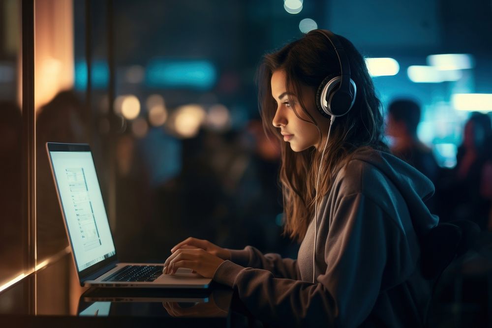 Woman typing in a computer headphones laptop person. AI generated Image by rawpixel.