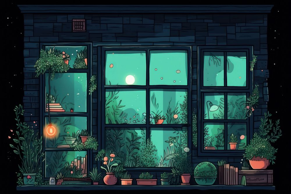 Gardening window night building. AI generated Image by rawpixel.
