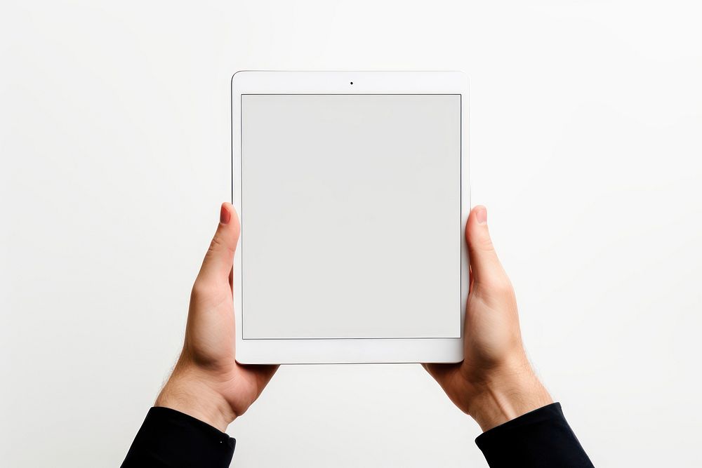 Hand holding tablet with mockup blank screen computer hand white background. AI generated Image by rawpixel.