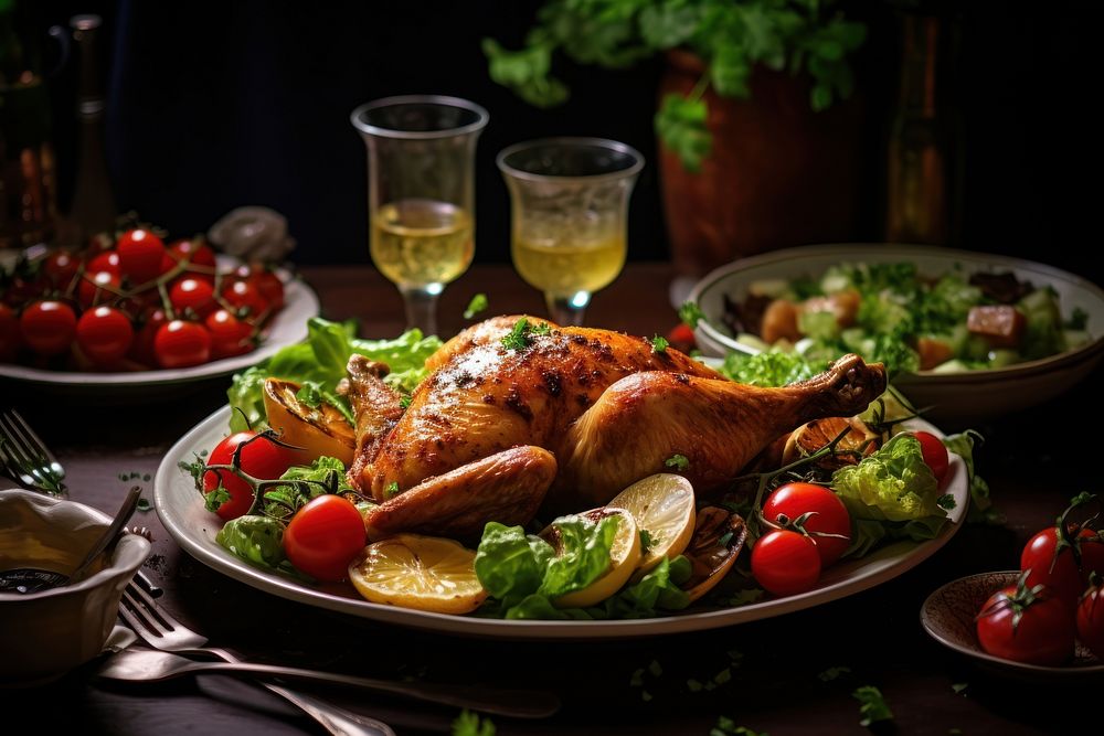Chicken with salad dinner supper plate. AI generated Image by rawpixel.