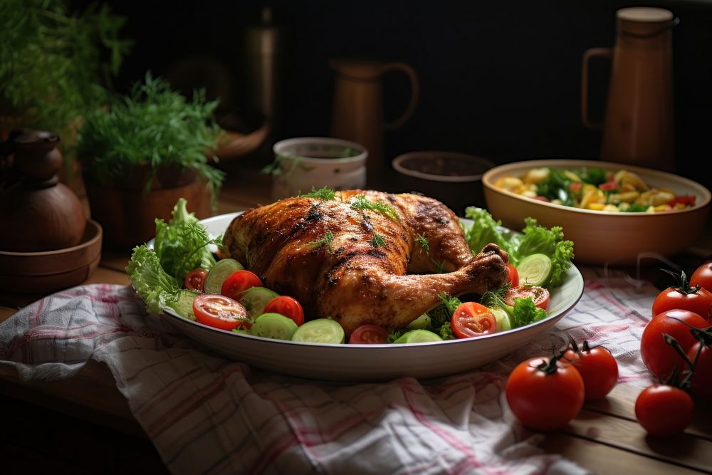 Chicken with salad kitchen dinner table. AI generated Image by rawpixel.