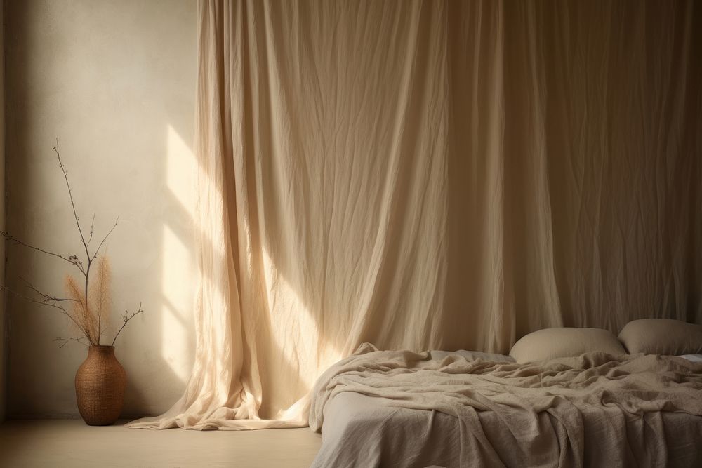 A beige linen curtain bed furniture textile. AI generated Image by rawpixel.