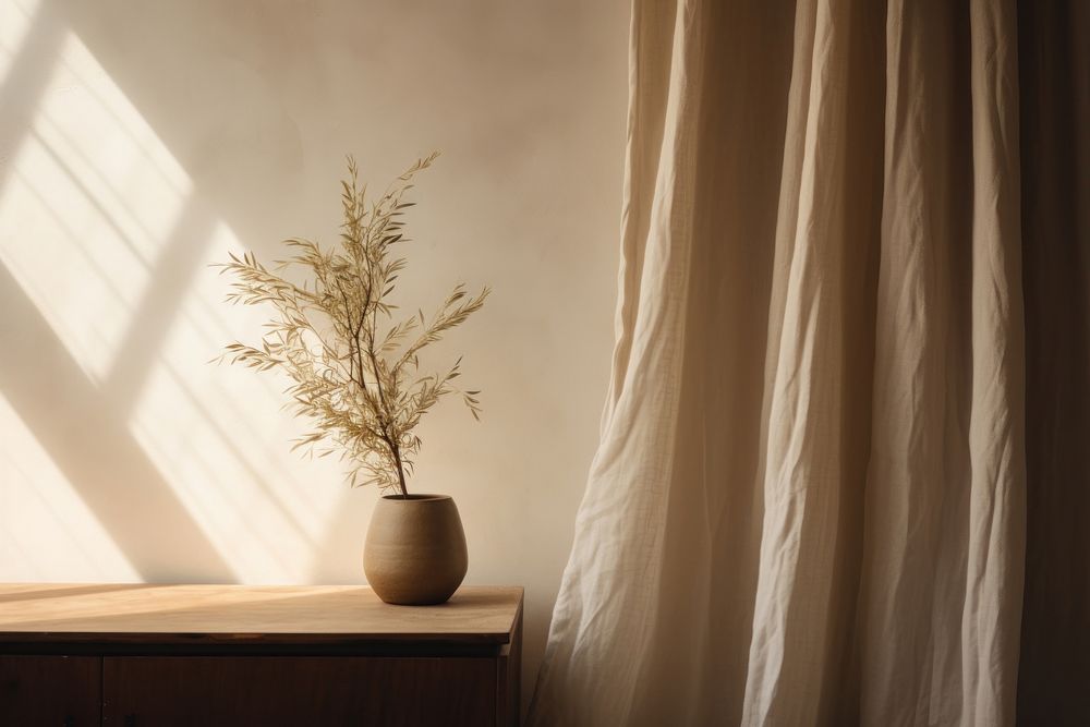 A beige linen curtain windowsill plant light. AI generated Image by rawpixel.