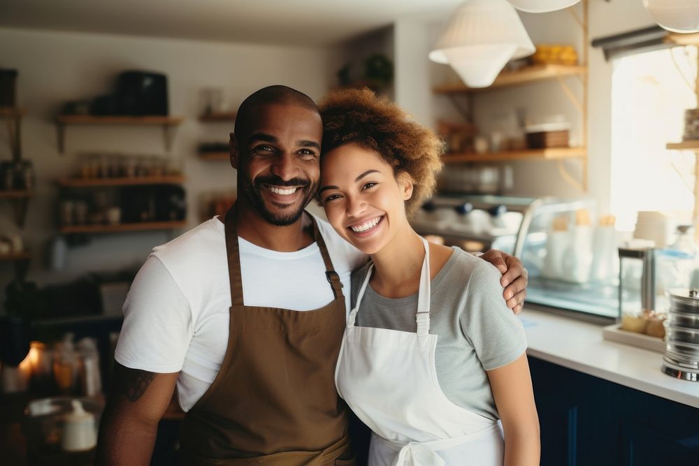 A multiracial couple in an ice cream shop smiling smile adult. AI generated Image by rawpixel.