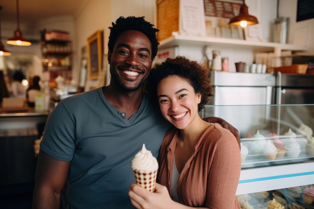 A multiracial couple in an ice cream shop smiling adult food. AI generated Image by rawpixel.
