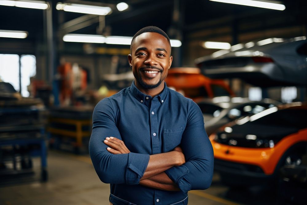An automotive repair technician smiling standing in the car workshop working adult small business. AI generated Image by…