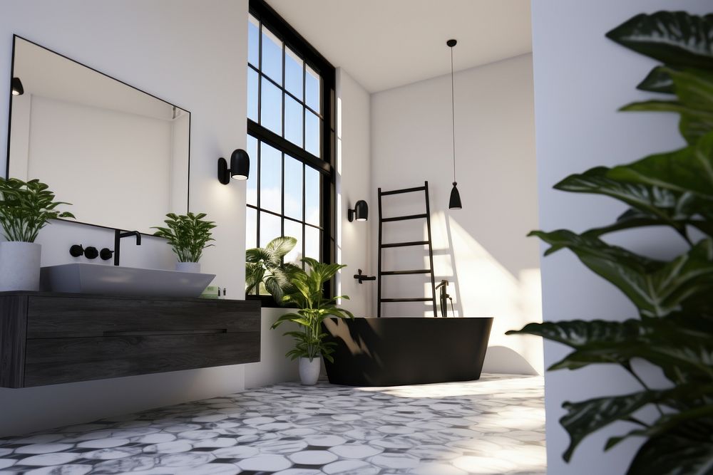Bathroom has a marble floor flooring bathtub plant. AI generated Image by rawpixel.
