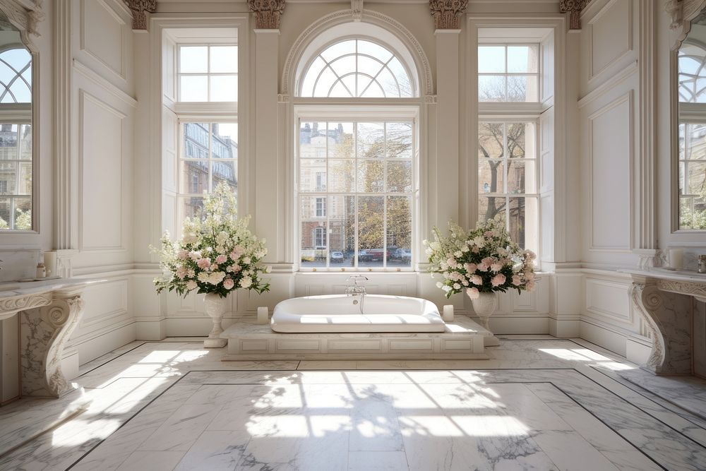 Bathroom has a marble floor bathtub window transportation. AI generated Image by rawpixel.