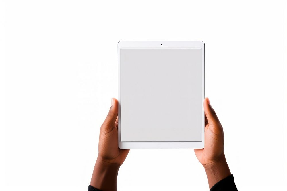 Hand holding tablet with mockup blank screen computer hand white background. AI generated Image by rawpixel.