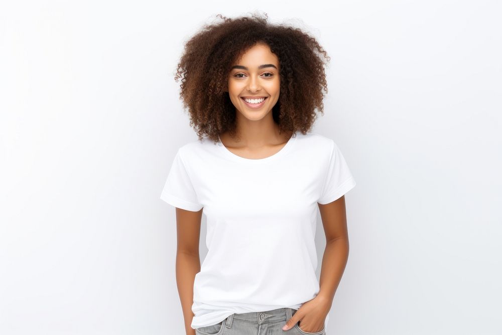 Woman in white t-shirt portrait sleeve smile. AI generated Image by rawpixel.