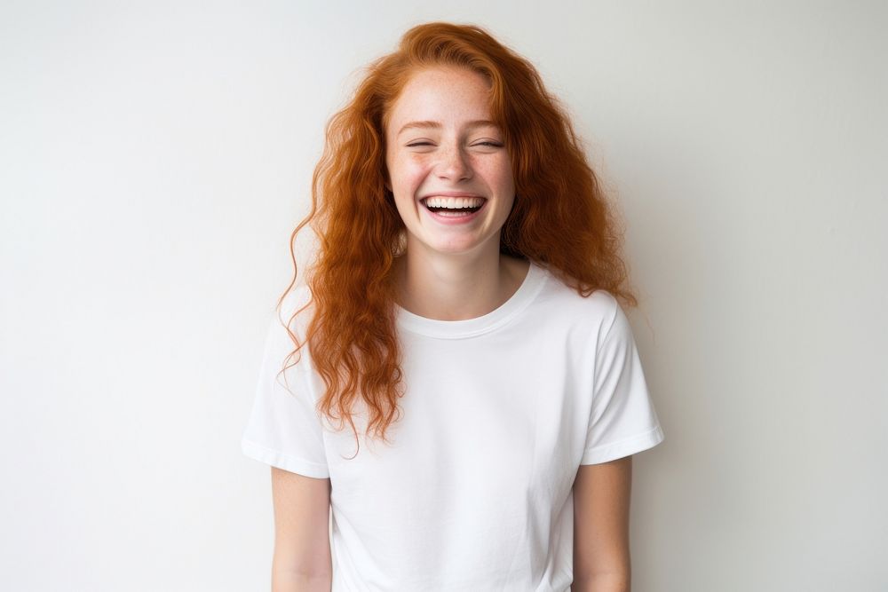 Woman in white t-shirt laughing smile white background. AI generated Image by rawpixel.