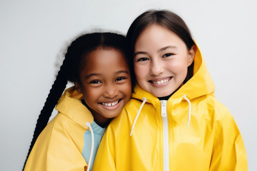Girl in yellow raincoat sweatshirt portrait smile. AI generated Image by rawpixel.