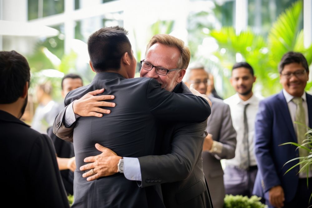 Old brunei businessman hugging adult togetherness. AI generated Image by rawpixel.
