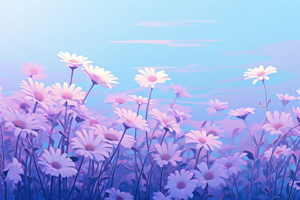 A colorful Daisy feild wallpaper in the morning flower purple backgrounds. AI generated Image by rawpixel.