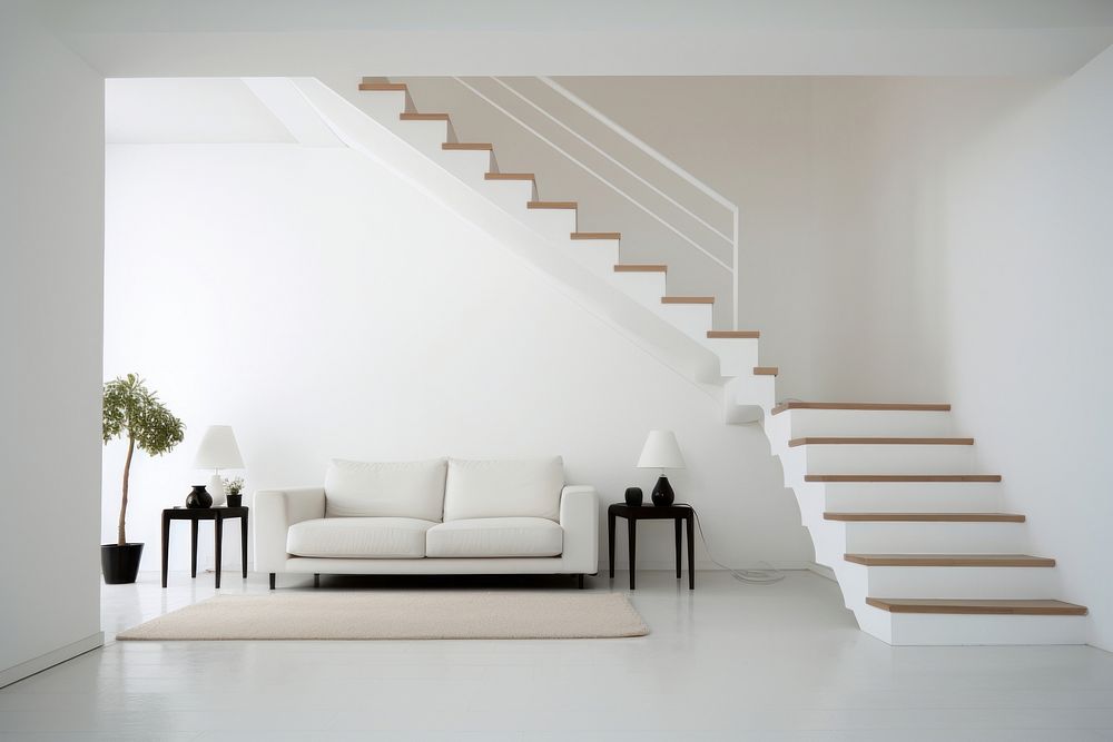 A white living room with dark wooden stairs on the right side architecture staircase furniture. AI generated Image by…