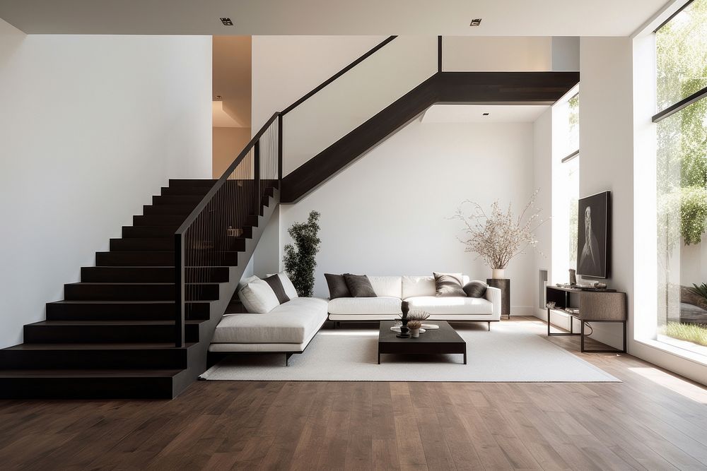 A white living room with dark wooden stairs to second floor on the other side of the room architecture furniture staircase. 