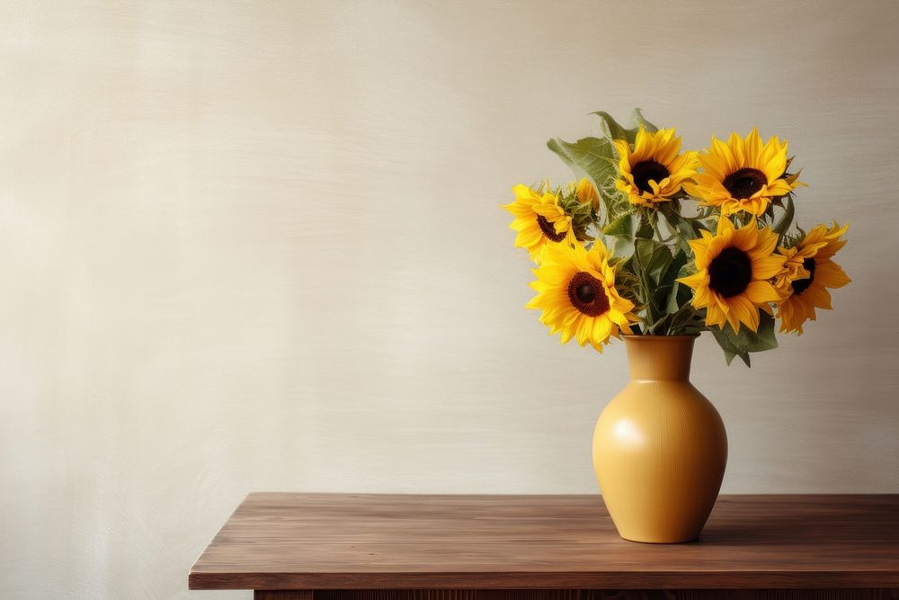 A flower vase full of sunflowers placed on a wooden table decoration plant inflorescence. AI generated Image by rawpixel.