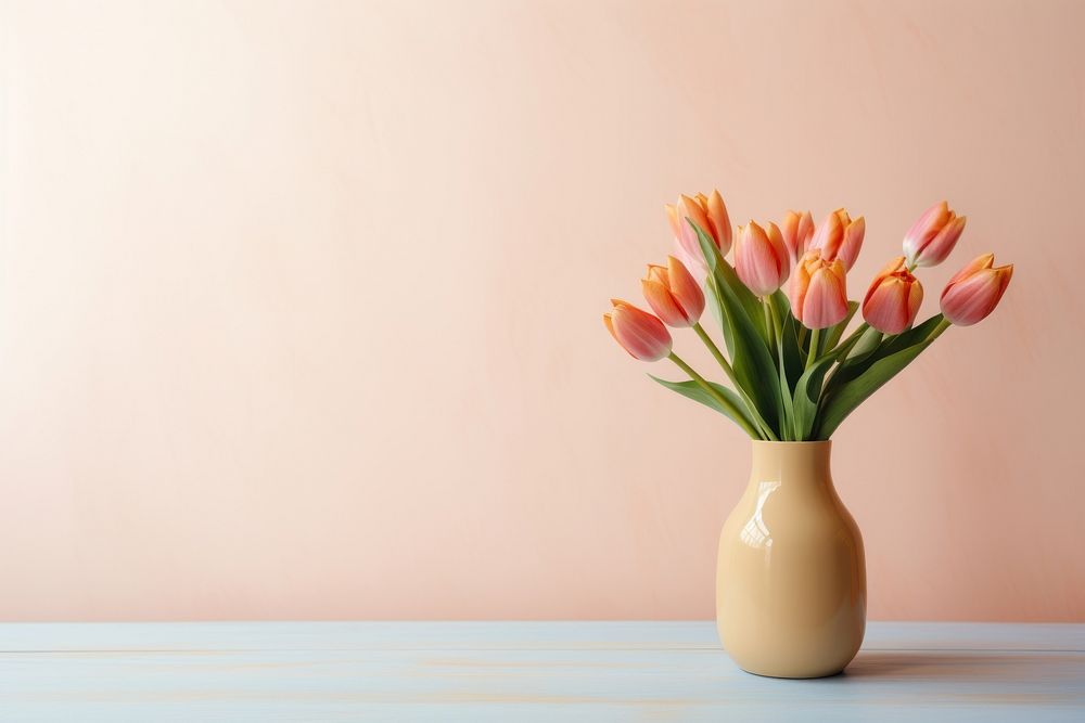 A flower vase full of tulip flowers placed on a wooden table decoration plant inflorescence. AI generated Image by rawpixel.