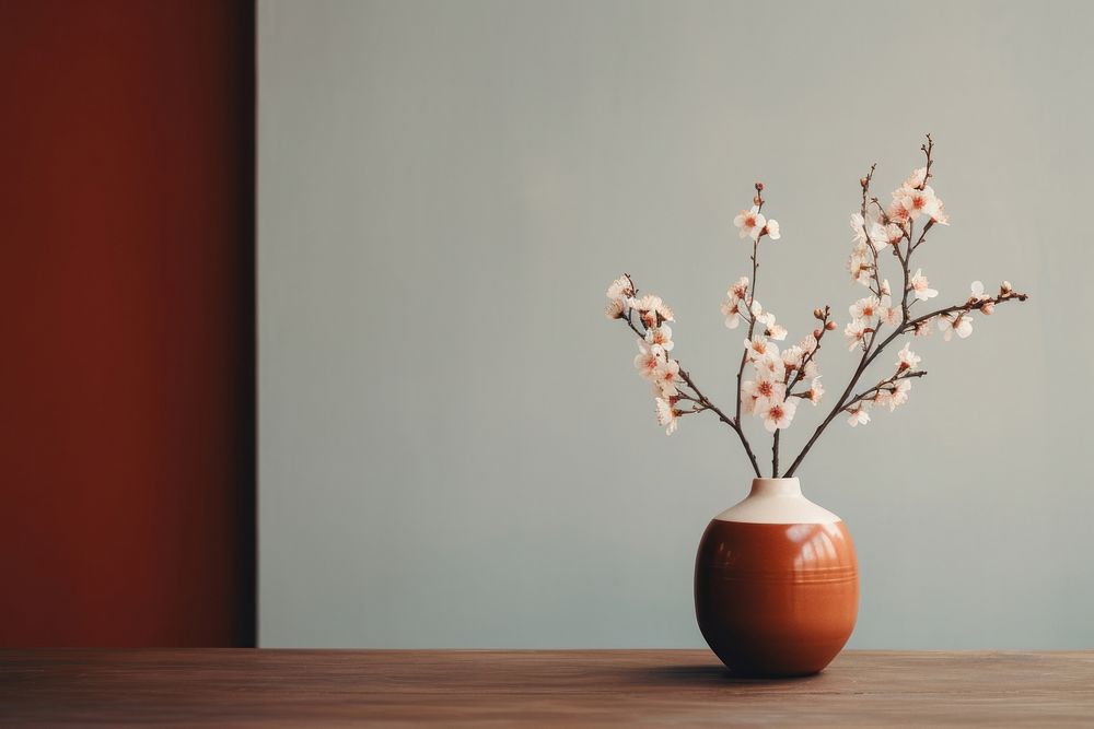 A flower vase placed on a wooden table decoration plant houseplant. AI generated Image by rawpixel.