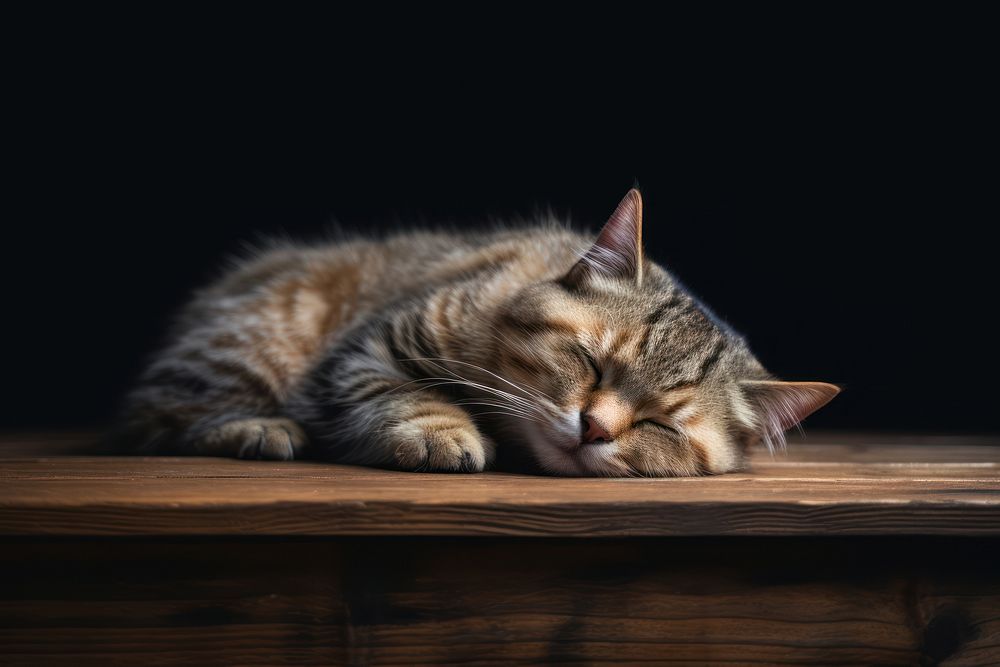 A pet cat sleeping on a wooden table mammal animal kitten. AI generated Image by rawpixel.