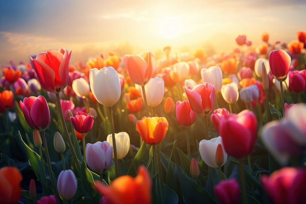 A tulip flower field nature landscape sunlight. AI generated Image by rawpixel.