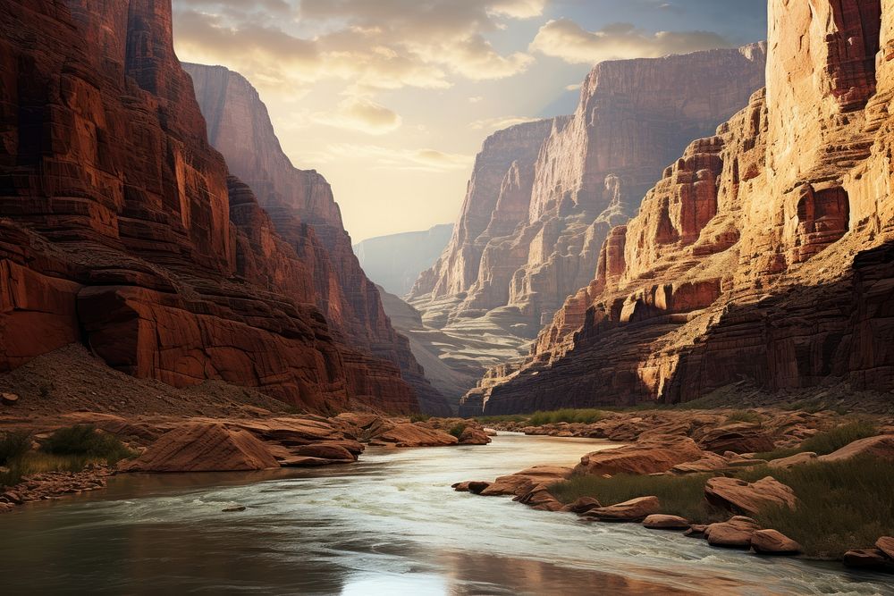 Grand Canyon mountains with a river in the middle canyon nature landscape. AI generated Image by rawpixel.
