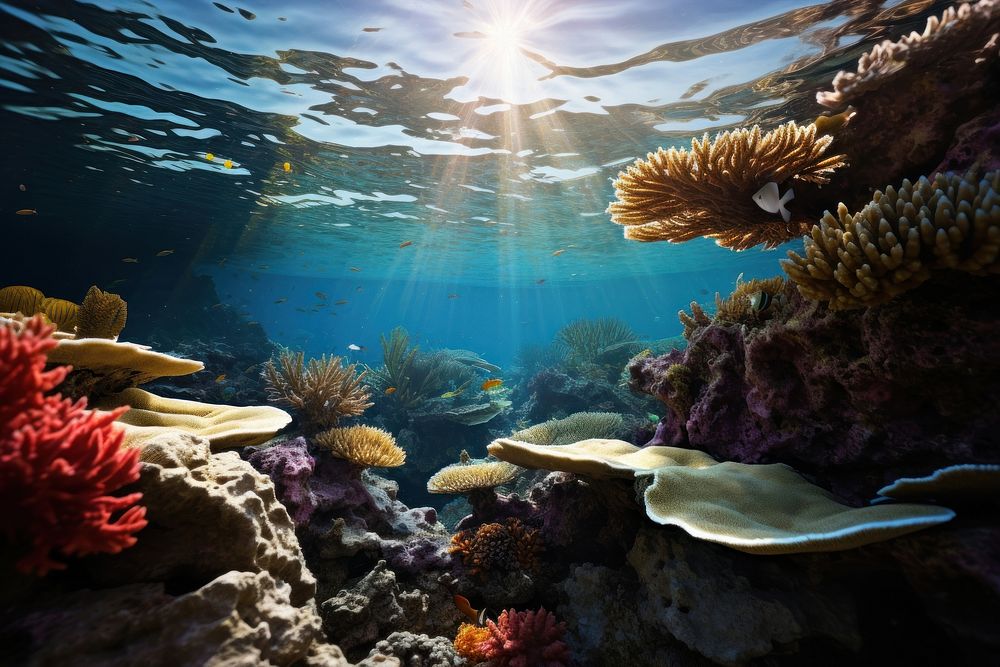 Great barrier reef underwater nature sunlight outdoors. AI generated Image by rawpixel.