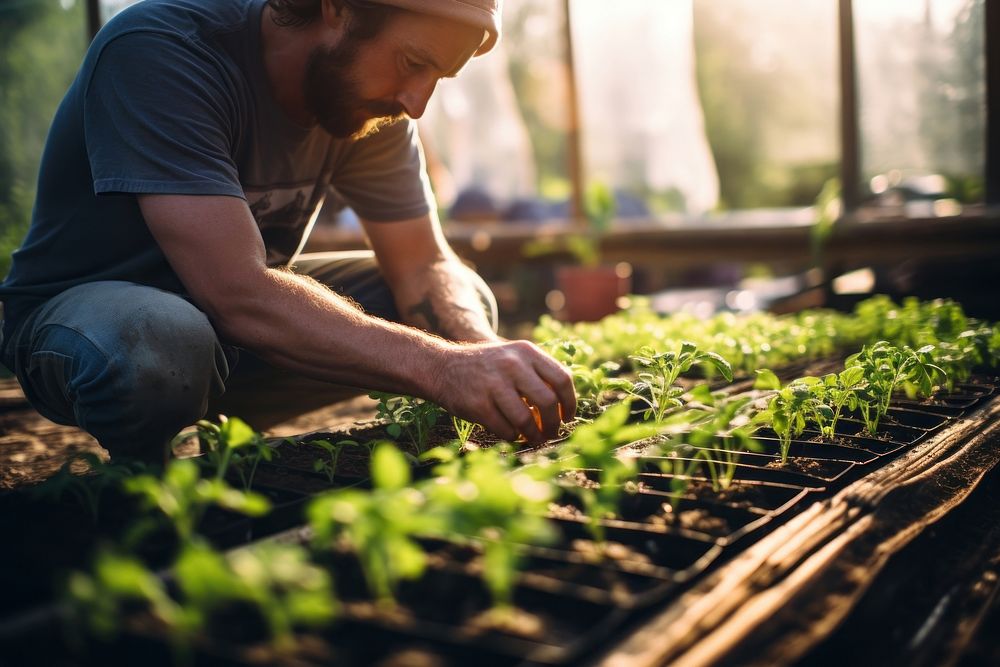 Male famer looking Check grassrberry greenhouse gardening planting. AI generated Image by rawpixel.