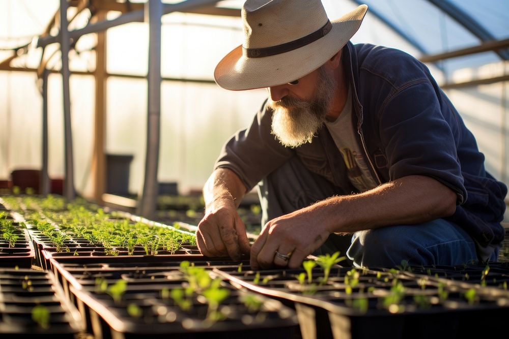 Male famer looking Check grassrberry greenhouse agriculture gardening. AI generated Image by rawpixel.