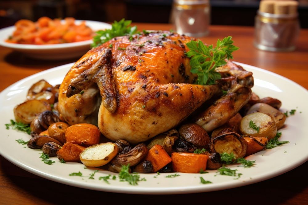 Chicken roasted dinner carrot plate. AI generated Image by rawpixel.
