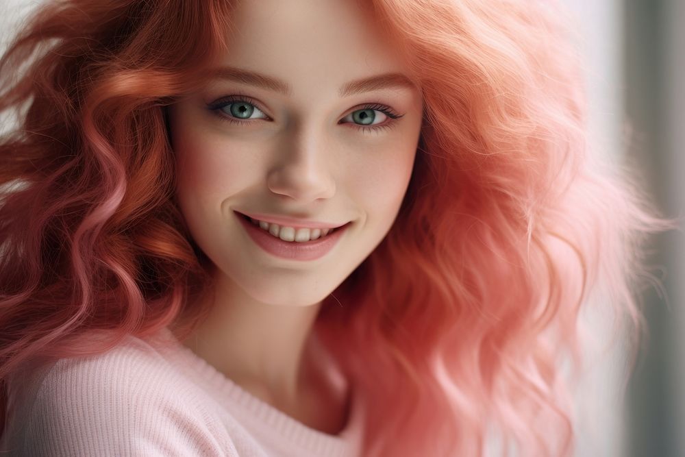 Close-up shot of cute young woman smile portrait pink. AI generated Image by rawpixel.