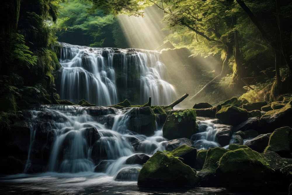 Waterfall landscape outdoors woodland nature. AI generated Image by rawpixel.
